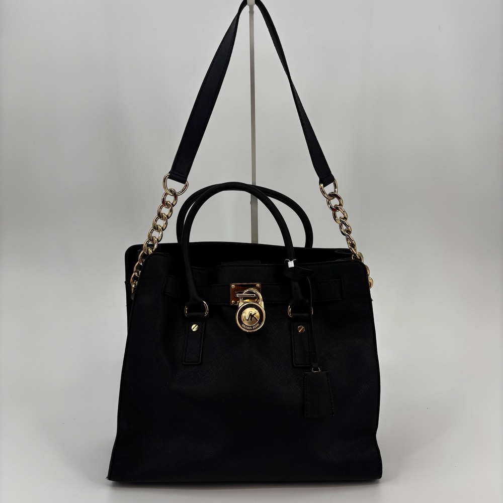 Michael Kors Hamilton Satchel Womens Large Black Saffiano Leather Gold Padlock